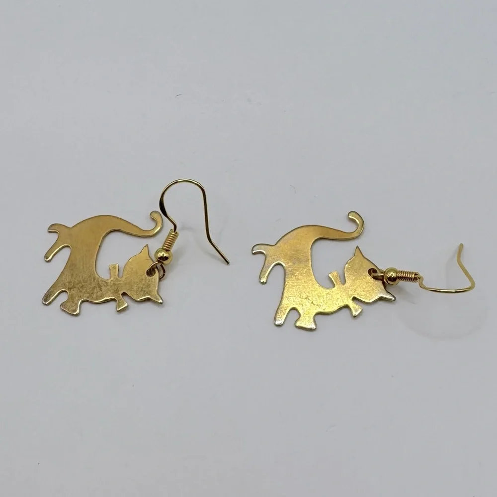 VINTAGE Gold-Tone Cat Dangle Earrings